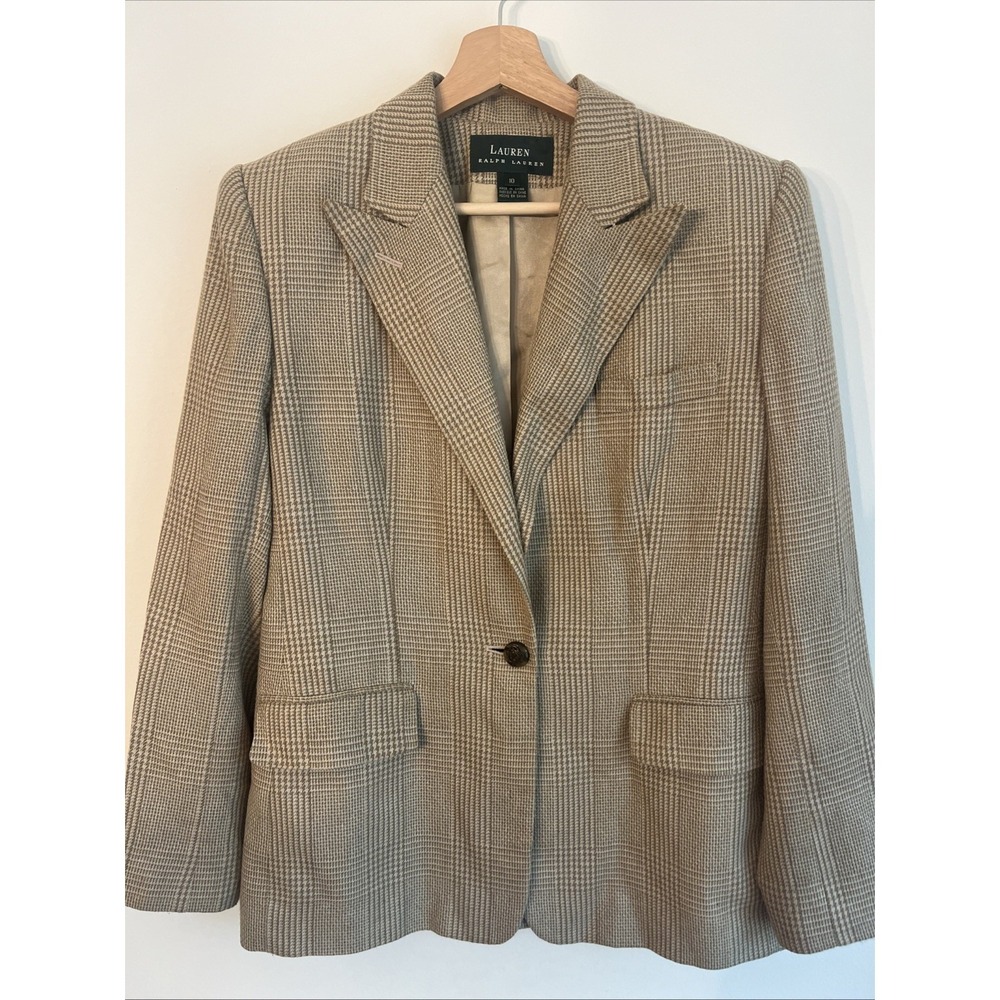 Lauren Ralph Lauren Silk Houndstooth Blazer 10 Equestrian Horse Button